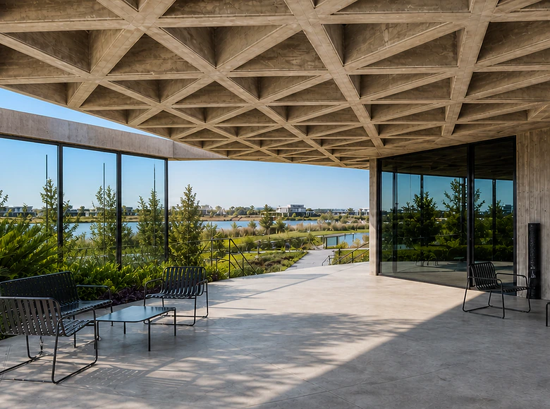 Terraza moderna con vista al lago en Funes y Roldán